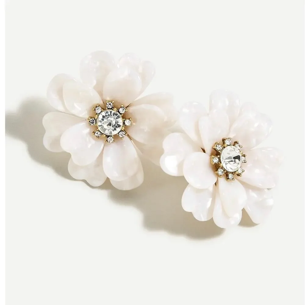 J.Crew Full Bloom Flower Earrings Oversized White Resin Statement Studs Pave NWT